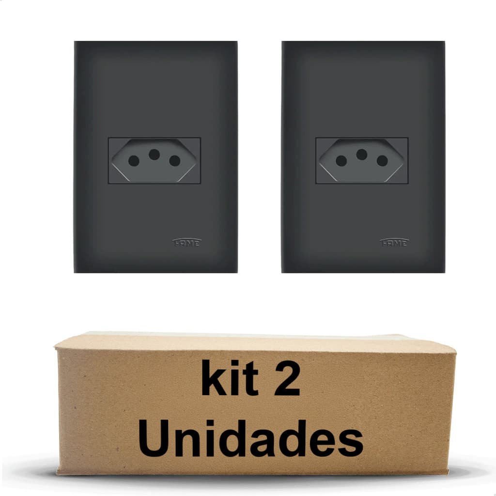 KIT C/ 2 Conjunto Tomada 2P+T 10A 250V Preta com Placa SHP Padrão NBR Original Bivolt
