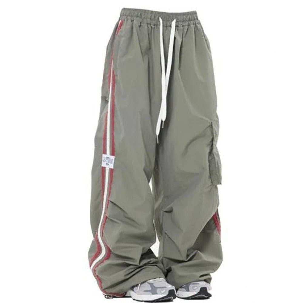 Calças cargo femininas estilo coreano Y2K, calças paraquedas listradas de perna larga com bolsos estilo punk EWLJ