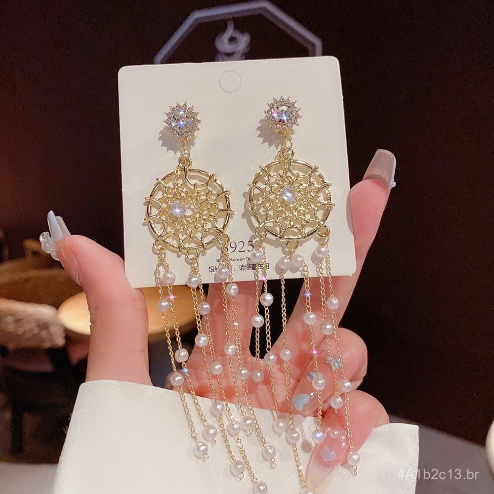Brincos de Prata 925 com Apanhador de Sonhos para Mulheres, Brincos Longos de Pérola com Franjas Estilo Coreano, Super D