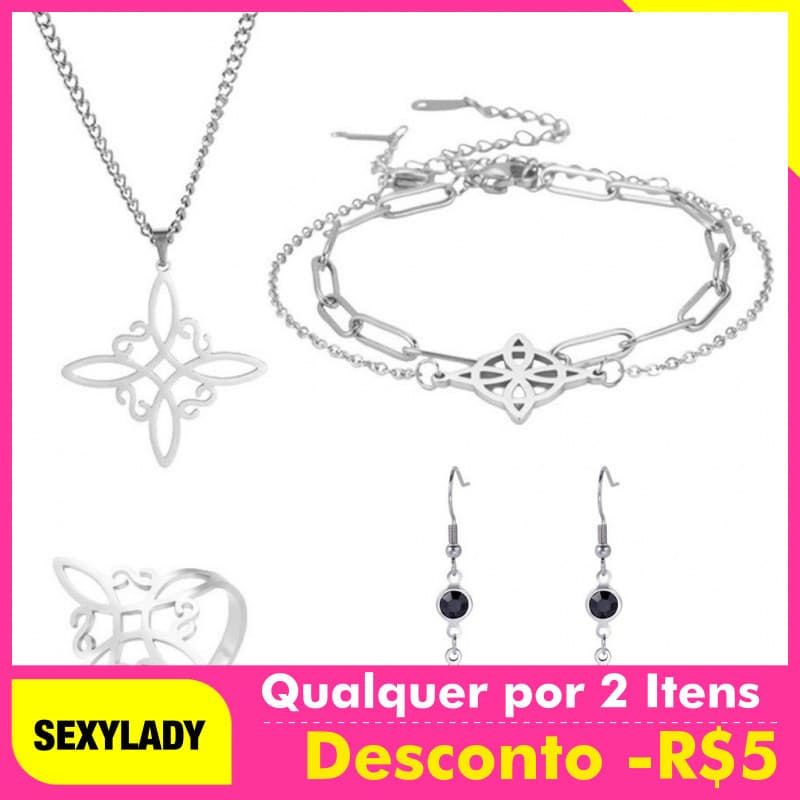 Conjunto de Joias de Nós de Bruxa da Moda para Mulheres, Colar, Pulseira, Brincos e Anel, Conjunto de Joias de Aço Inoxi