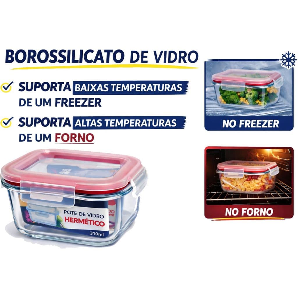 Pote De Vidro Pra Marmita 310ml Tampa Com Vedação E Trava