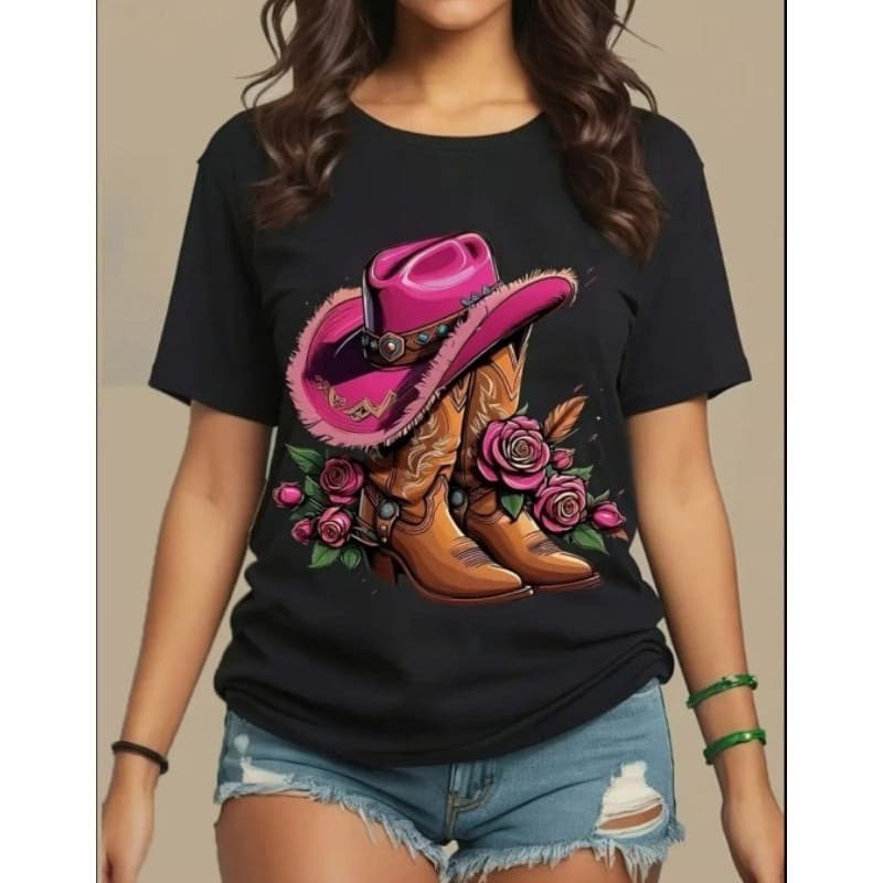 Camiseta Camisa Feminina Country botas chapel rosa Algodão 100% Rodeio