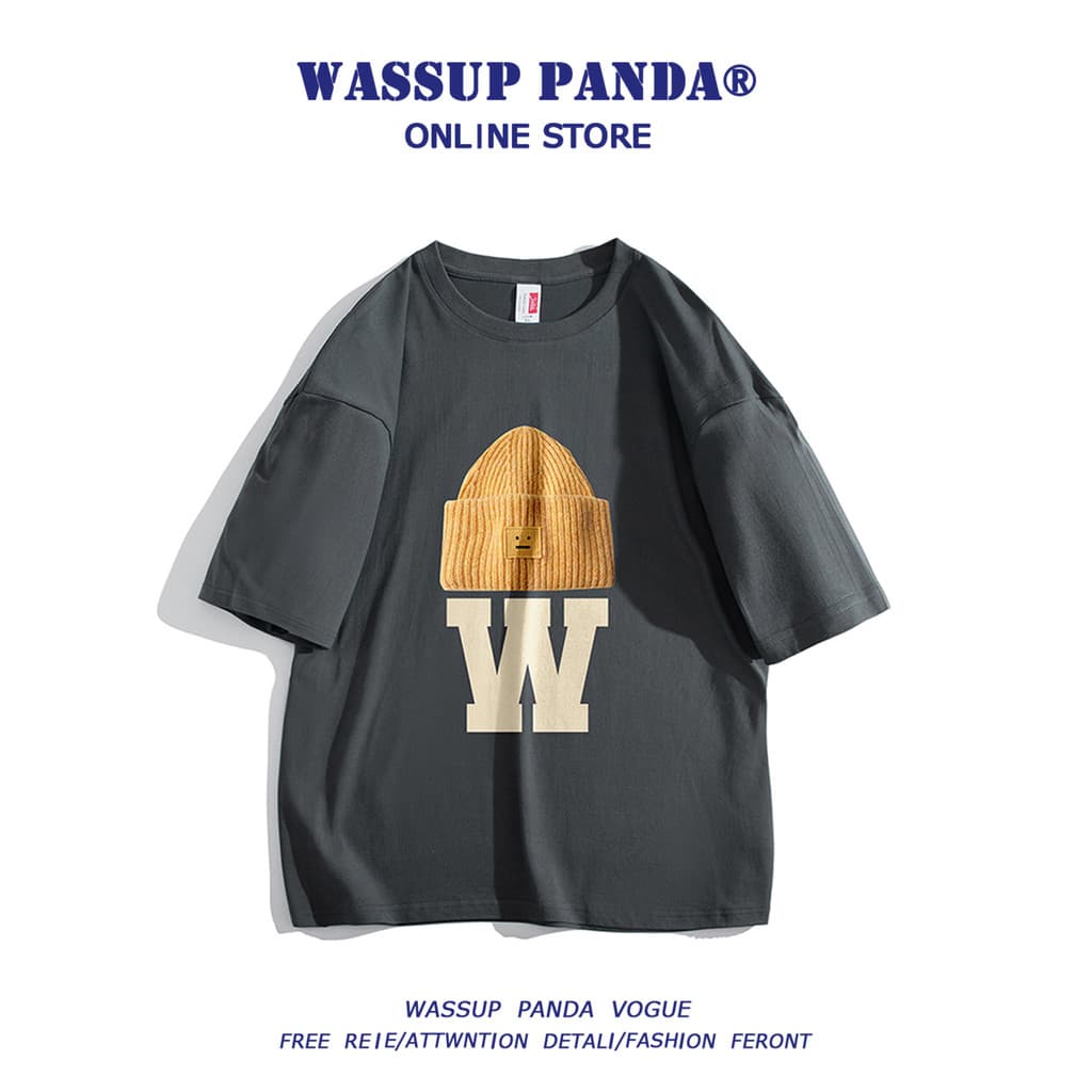 WASSUP PANDA Americano Retro Puro Algodão Camiseta de Manga Curta Homens Mulheres Street Wear Verão Solto All-Match Casa