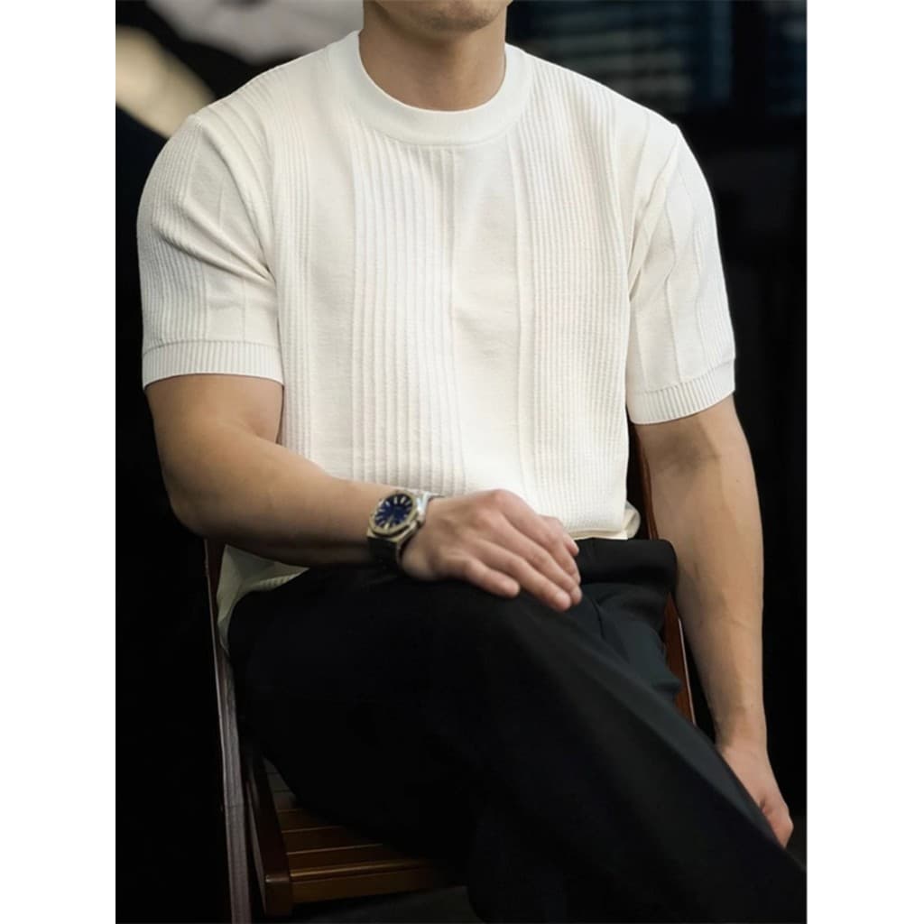 Americano Retro verão em torno do pescoço listrado malha magro ajuste de manga curta camiseta masculina cor sólida St