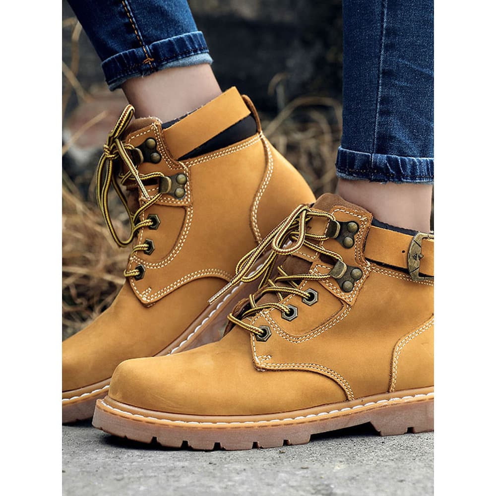 Botas Martin de couro genuíno, bico redondo, botas curtas para áreas externas, botas retrô femininas, macacão de cano al