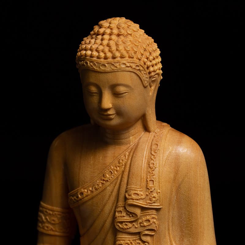 Pequena folha de buxo adoração doméstica estátua de buda sala de estar escultura artesanato Sakyamuni Tathagata escultur