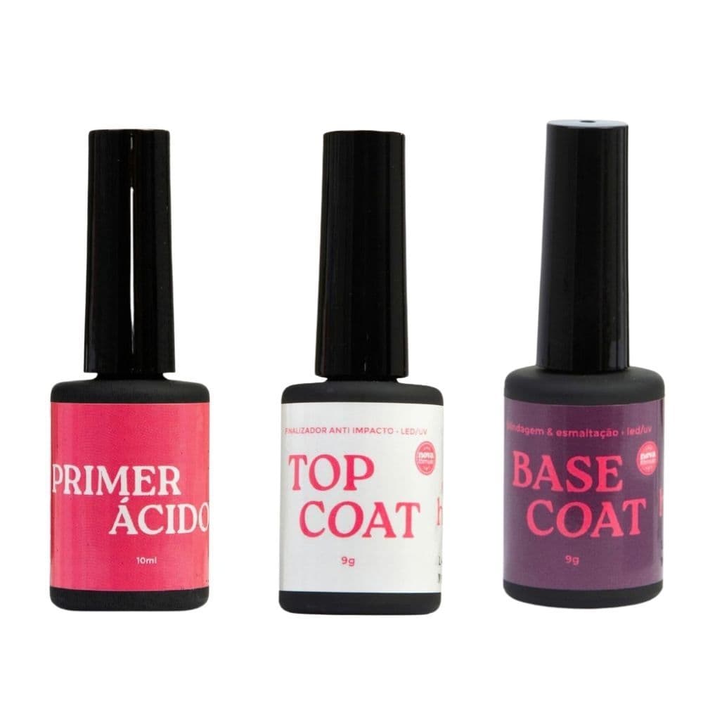 Kit 1 Base Coat 1 Top Coat 1 Primer Acido HQZ Profissional
