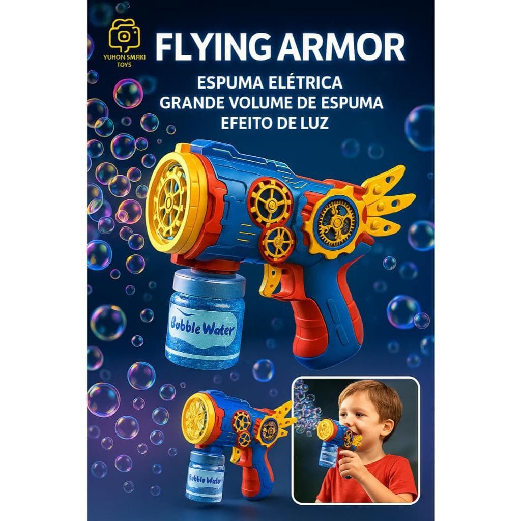 Flying Armor Pistola de Bolhas Infantil – Luzes LED + Diversão Colorida Azul