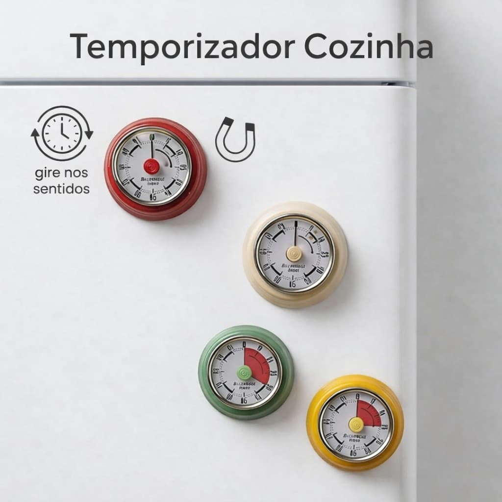 Cronômetro de Cozinha Mecânico 60 Min Magnético Sem Pilha Timer Analógico com Alarme Alto