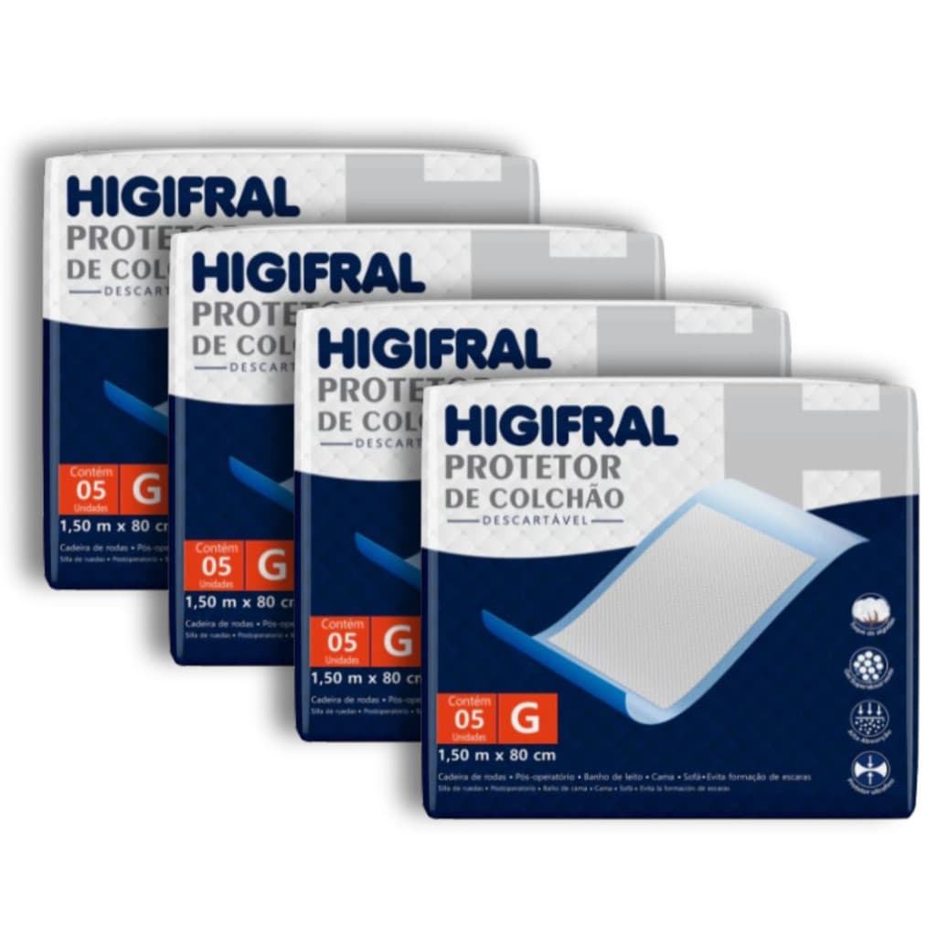 Kit 4 Protetor De Colchão Lençol Descartável Geriátrico Higifral - Tamanho G - Total 20 Unidades
