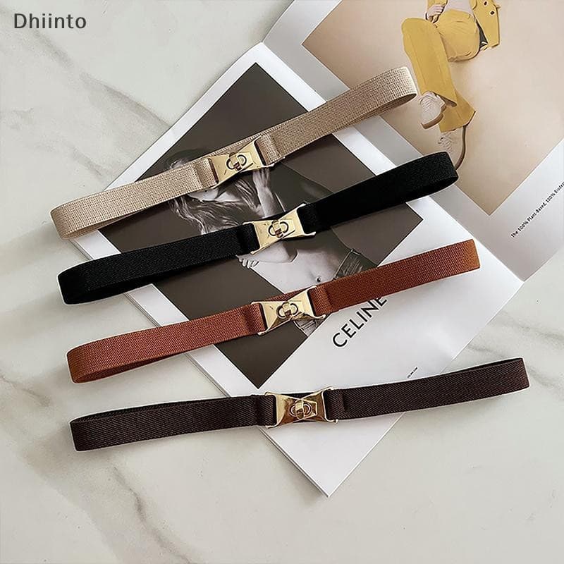 [Dhiint] Cintos Elásticos Da Moda Para Mulheres , Cor Preta , Fivela De Metal , Cinto Fino , Casual , Feminino , Terno ,