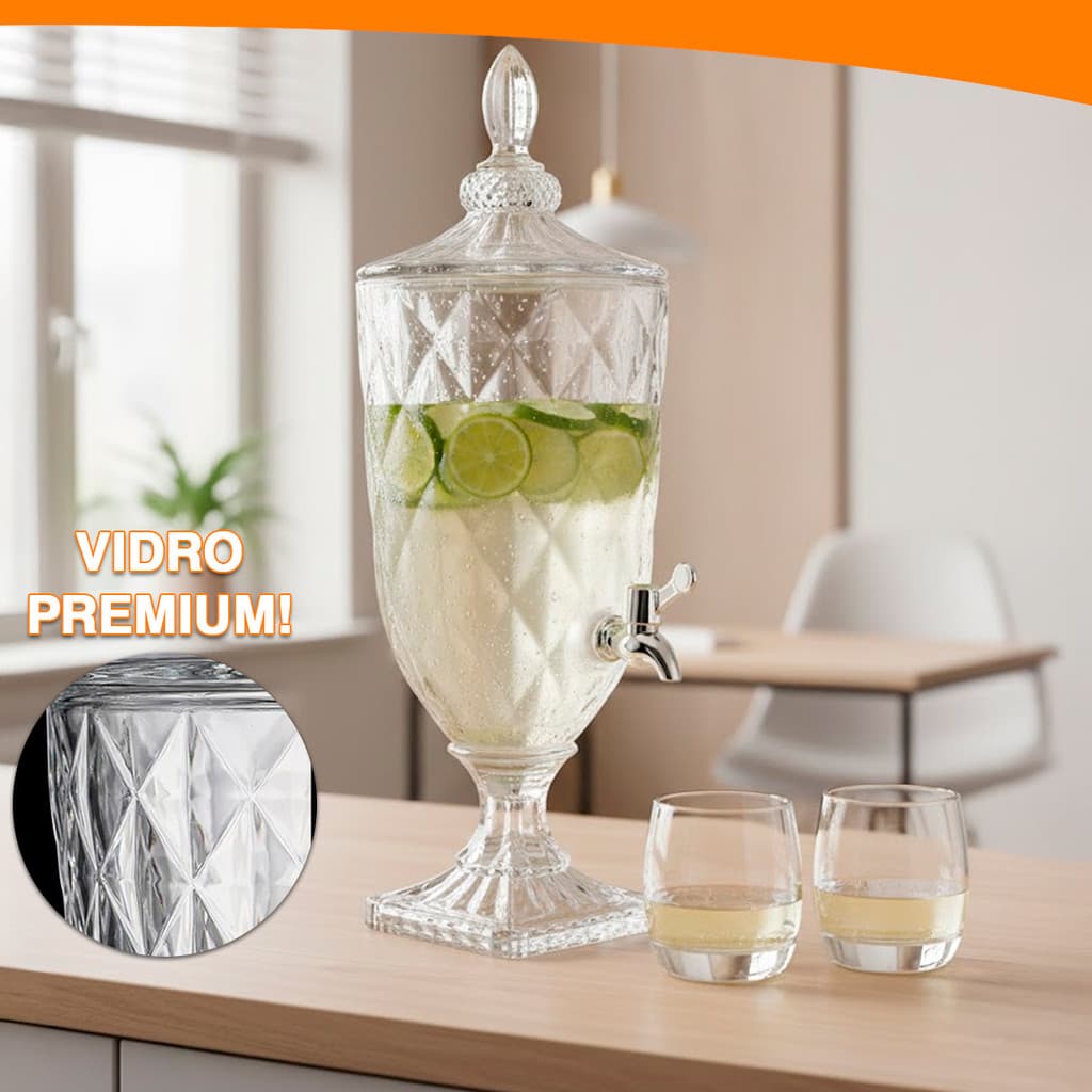 Suqueira De Vidro Premium Diamond Torneira Luxo 2/3/5 Litros Mesa Posta Decorativa Sucos Chás