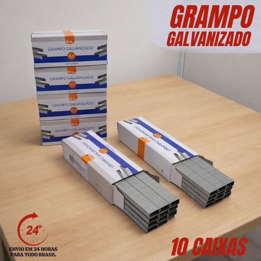 Kit 10 Caixas Grampo 26/6 BRW Galvanizado 5.000 x10 Unidades Cada 50000 MiI Grampos Escritório