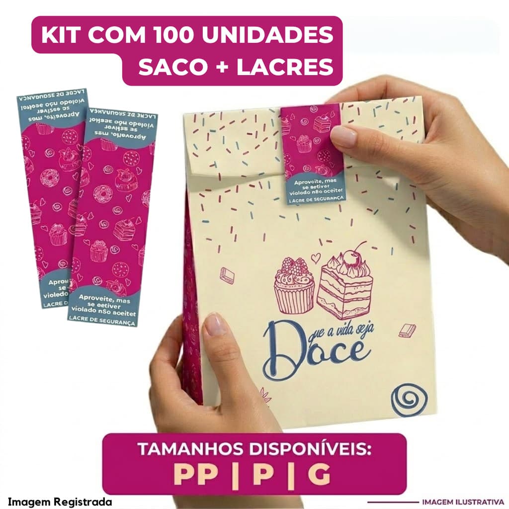 Kit 100 Saco kraft SOS Delivery + 100 Lacre Segurança Tamanhos PP, P ou G Tema Doce Bolos Cookies