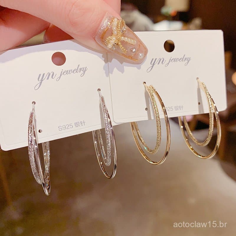 Brincos de argola grande de metal de dupla camada com pino de prata s925, estilo coreano Dongdaemun, modernos, elegantes