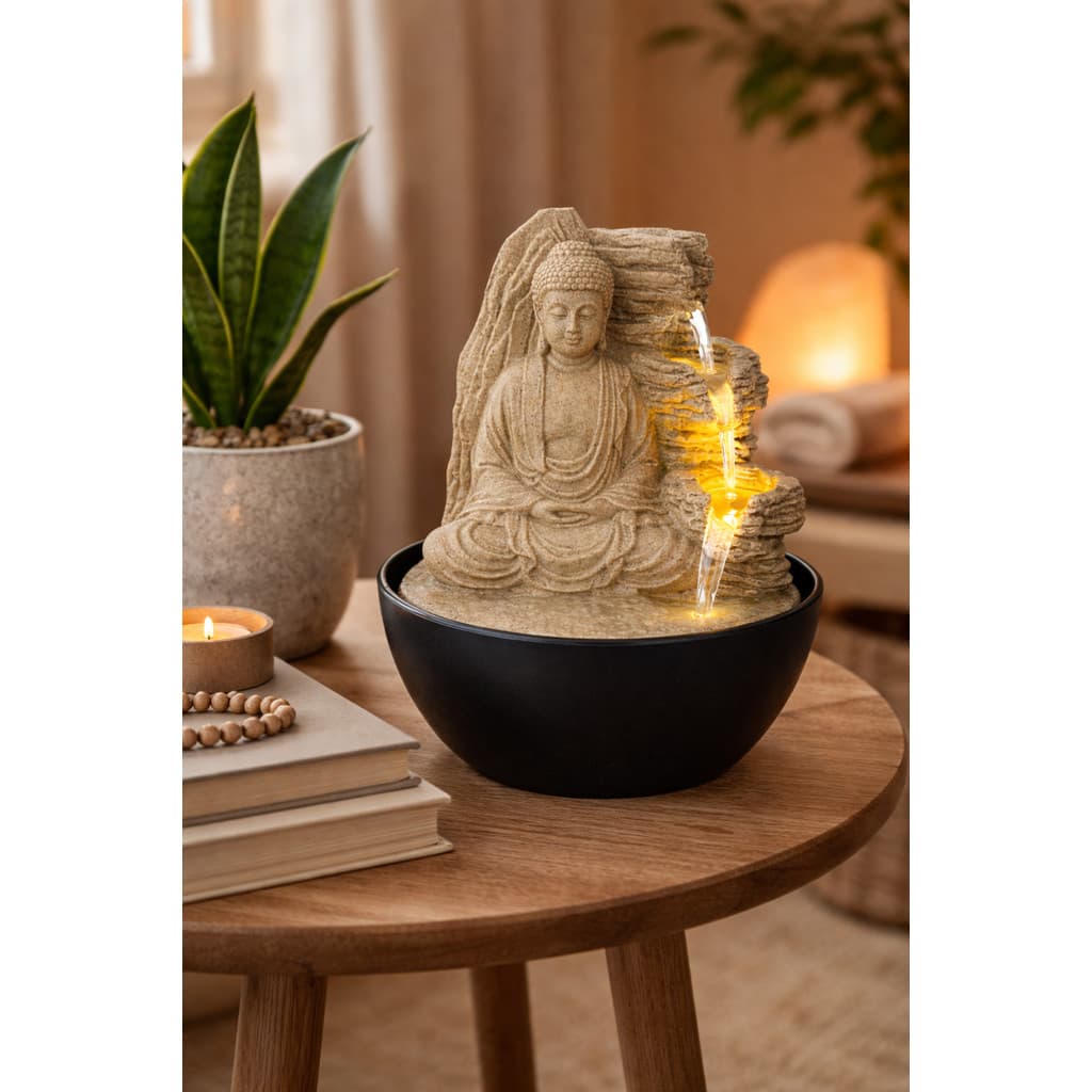 Fonte Água Decorativa Mesa Buda 3 Quedas Marfim 1 Led Bivolt