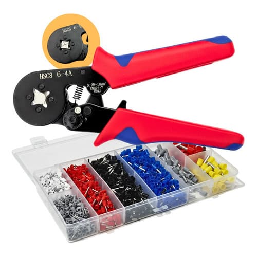 Kit Alicate Crimpador com 1200 Ponteiras Tubulares Ilhós Fio Borne Quadro Elétrico