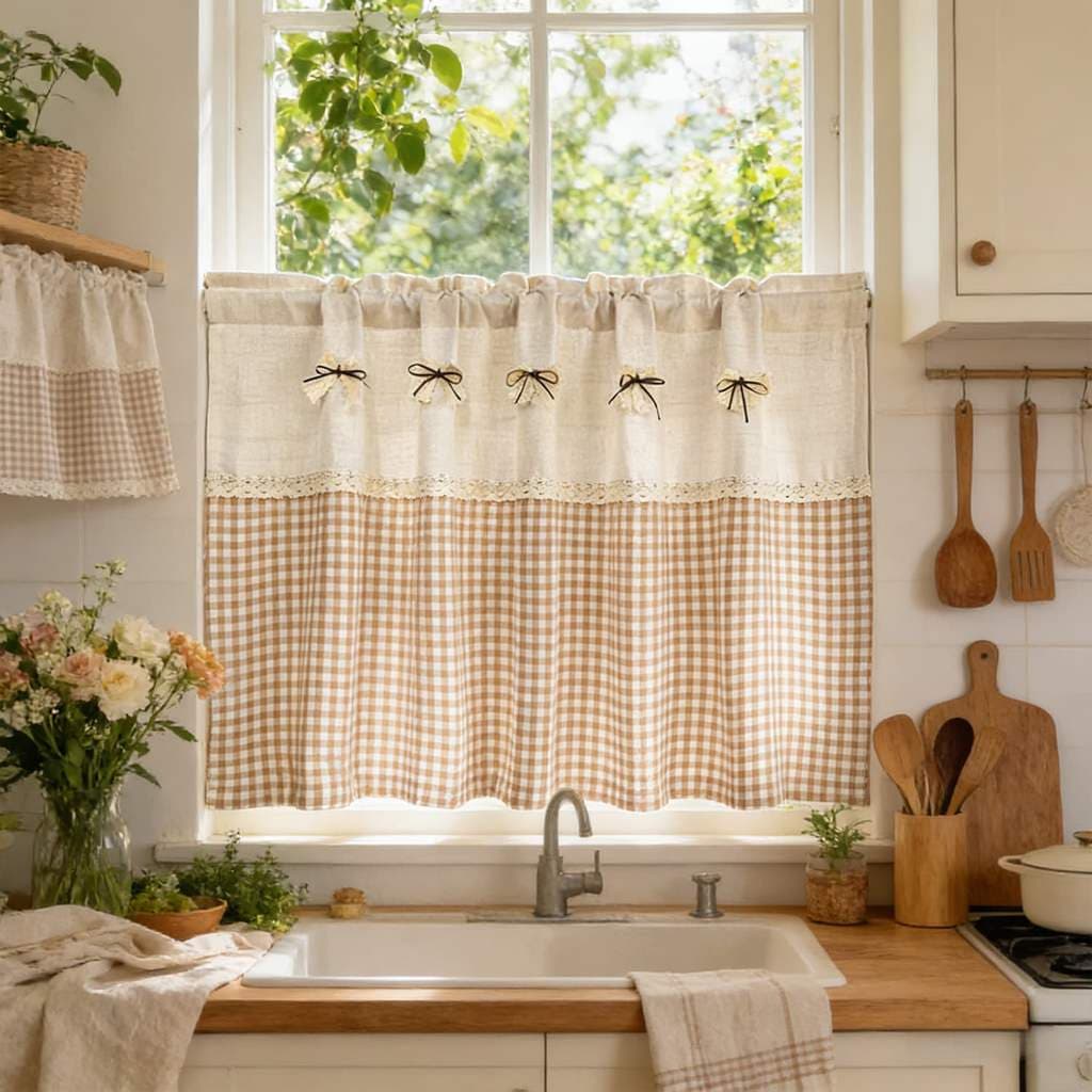Cortina Curta Vintage Com Haste De Laço , Bolso Transparente Para Cozinha , Camada De Verificação De Búfalo , Café , Ban