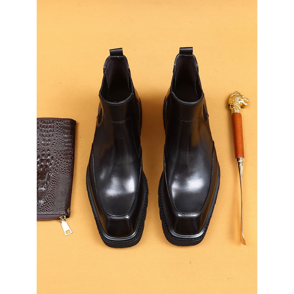 BESIBEBAL Outono Novo Estilo de Sola Grossa Aumentada Sapatos de Couro de Cano Alto Masculino Bull Pad Dedo Quadrado Che