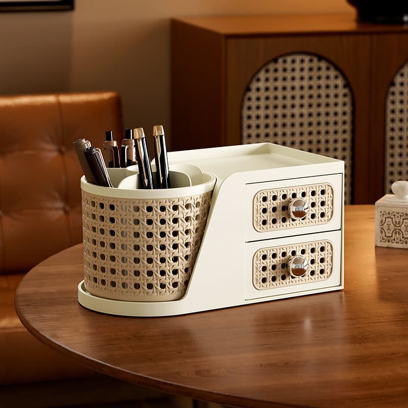 Estilo Medieval Rattan caixa de armazenamento de cosméticos Desktop compartimento de grande capacidade caneta titular ro