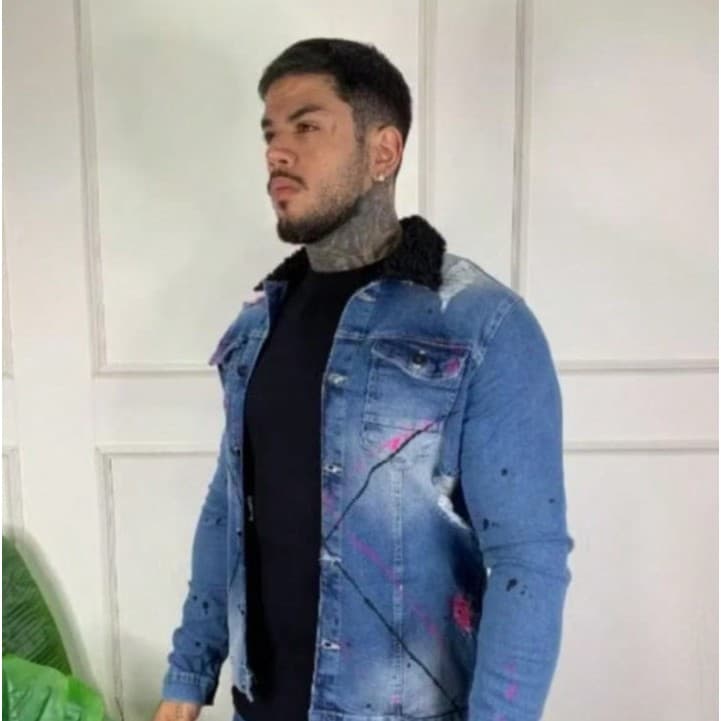 Jaqueta Jeans Masculino com Pelinho na Gola com Detalhes de Pigmentos Azul