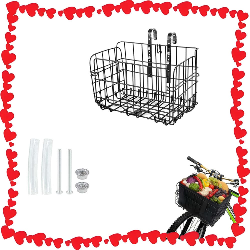 Cesta dobrável para bicicleta com gancho para guidão, cesta frontal espaçosa de arame de ferro, para montanha, bicicleta