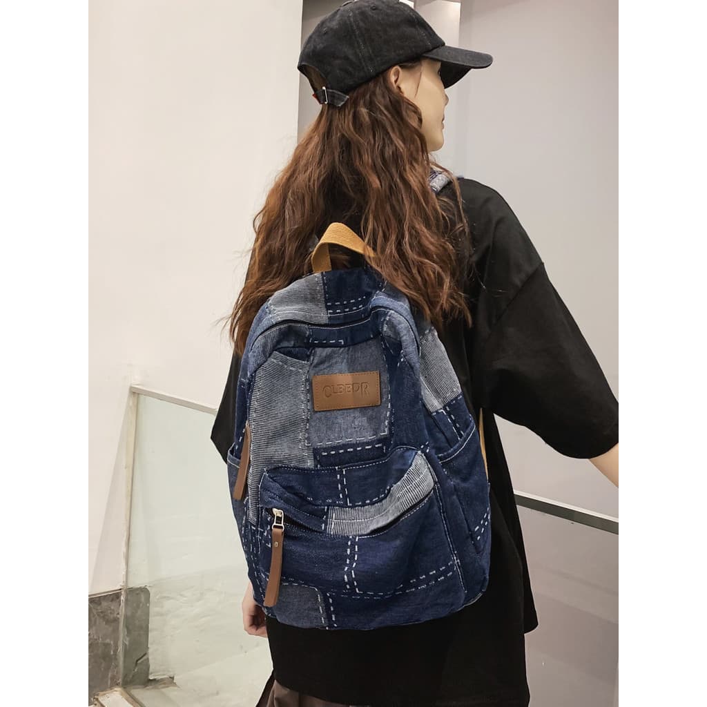 Japonês Retro Denim lona mochila Design feminino contraste cor mochila grande capacidade escola secundária estudantes do