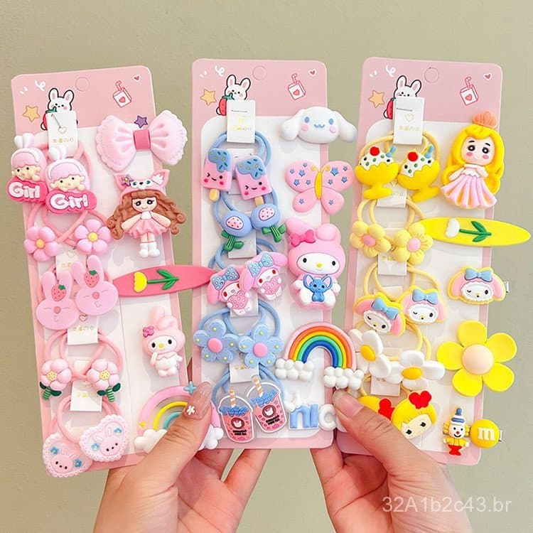 Presilhas e elásticos de cabelo infantis com desenhos animados de verão, faixas de cabelo fofas para meninas, conjuntos