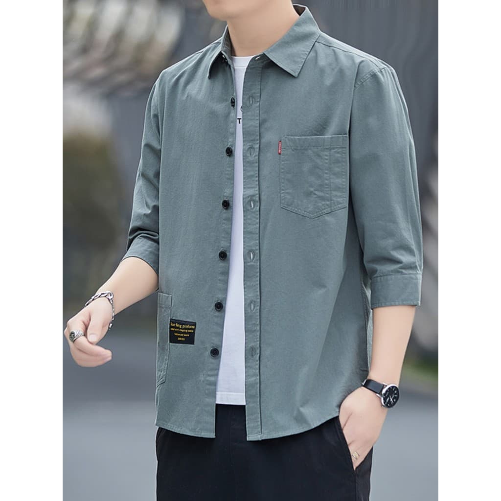 Macacão de manga de três quartos camisa de algodão puro masculino verão fino Casual camisa de meia manga na moda jaqueta