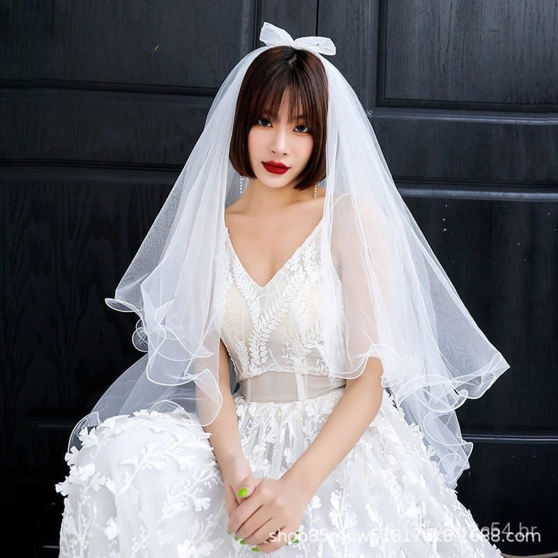 Véu branco de noiva, acessório para vestido de noiva, véu para fotografia de viagem, véu curto de camada dupla com pente