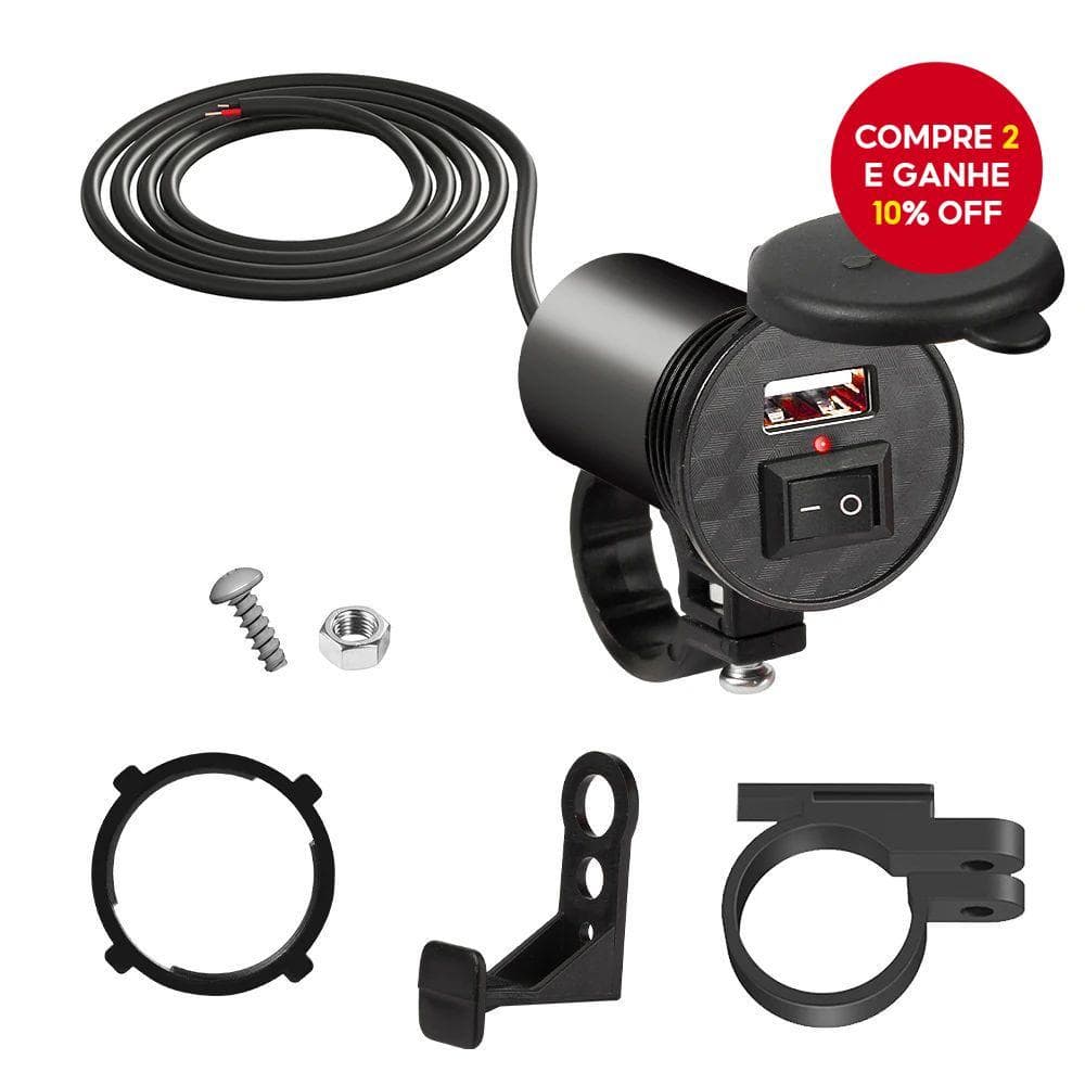 Carregador Veicular para Moto à Prova D'Água Adaptador USB 12V Porta USB para Celular Com Interruptor Acessório
