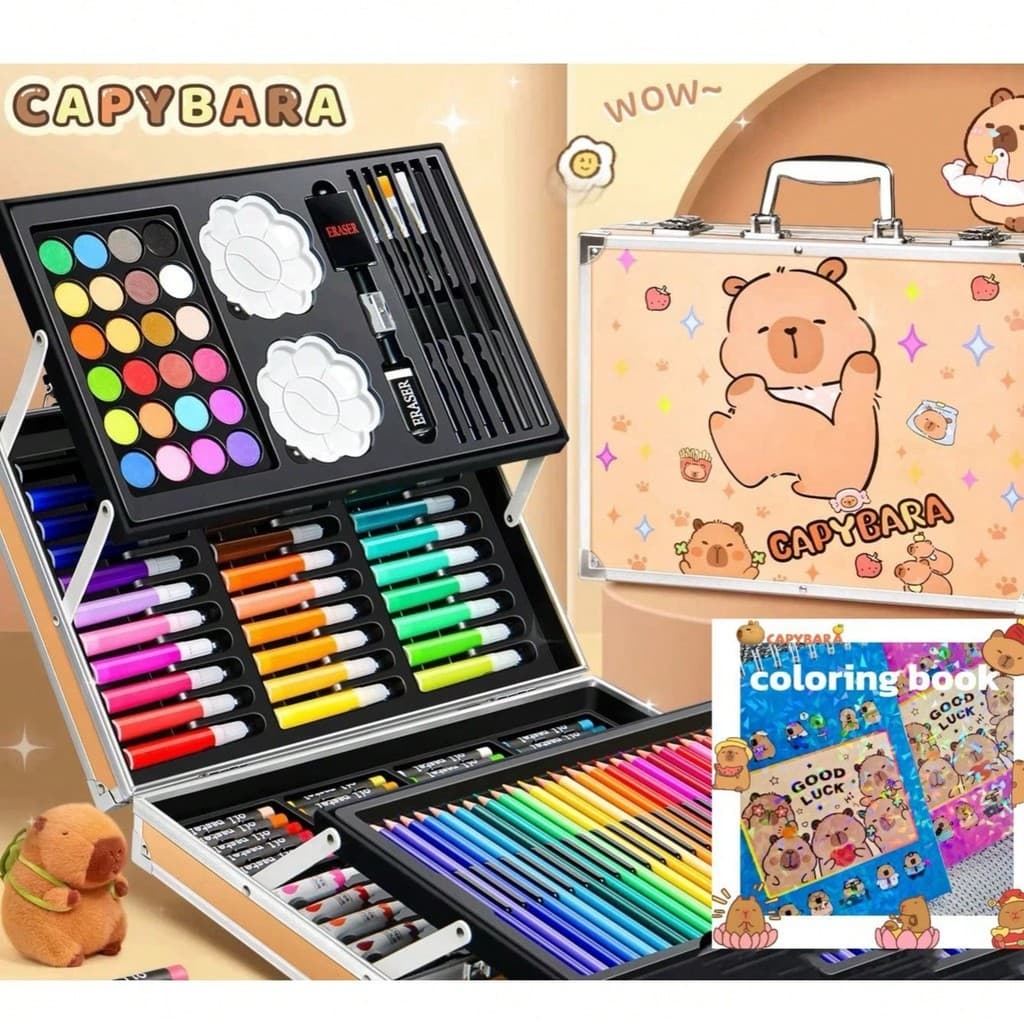 Maleta De Pintura Capivara Infantil Kit Artes 145 peças  Escolar Papelaria Criança c/ou sem coloring book