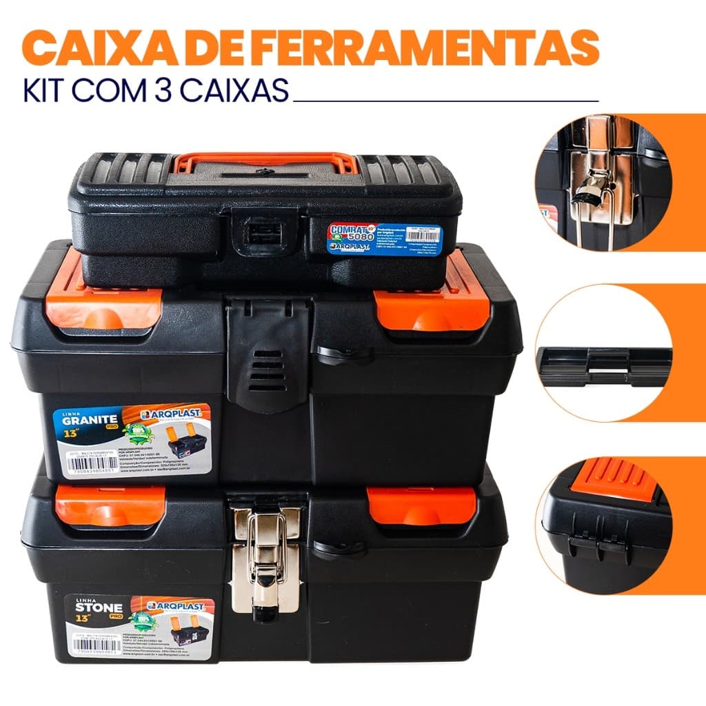 Kit 3 Caixas de Ferramentas Grande Reforçada Maletas Multiuso
