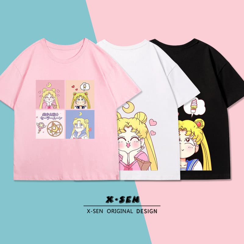 Sailor Moon Meninas Camiseta de Manga Curta Puro Algodão Versão Coreana Moda Meia Manga Top Solto Pai @