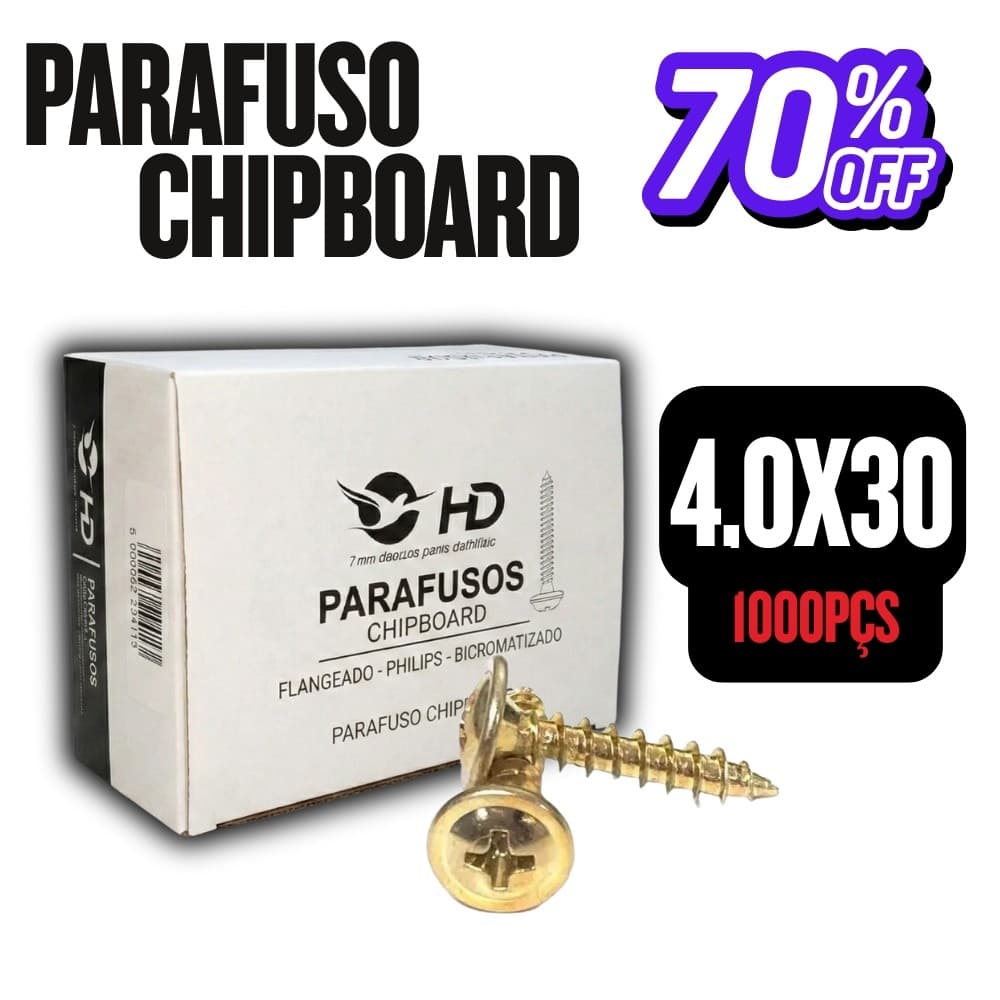 Parafuso 4,0x30 Chipboard Flangeado Phillips para Madeira - HD CAIXA COM 1000 peças