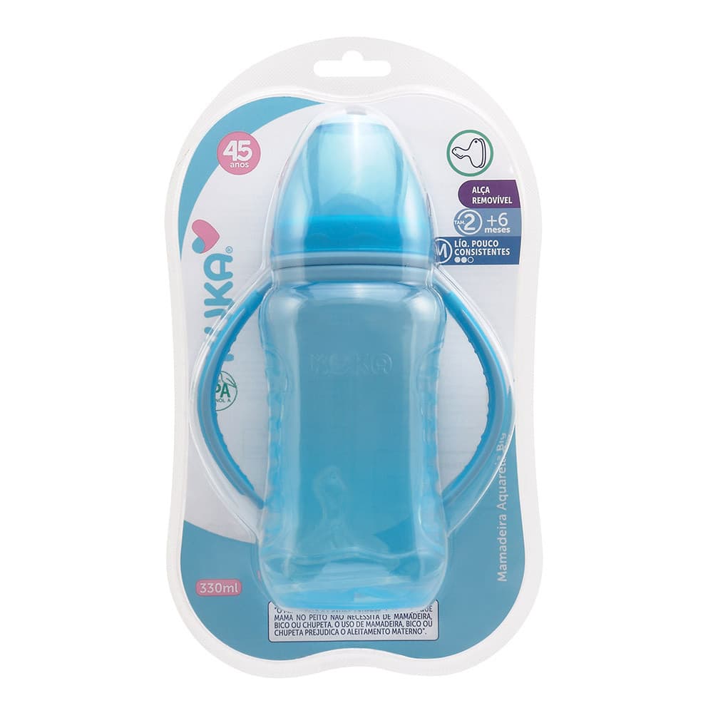 MAMADEIRA AQUARELA AZUL BICO ORTODONTICO N. 2 COM ALÇA 330ML KUKA