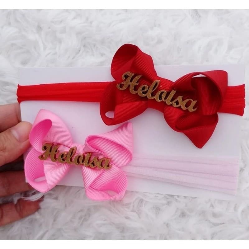 Laço de cabelo infantil na Meia de Seda Personalizado com Nome MDF | Newborn • Mesversário • Batizado