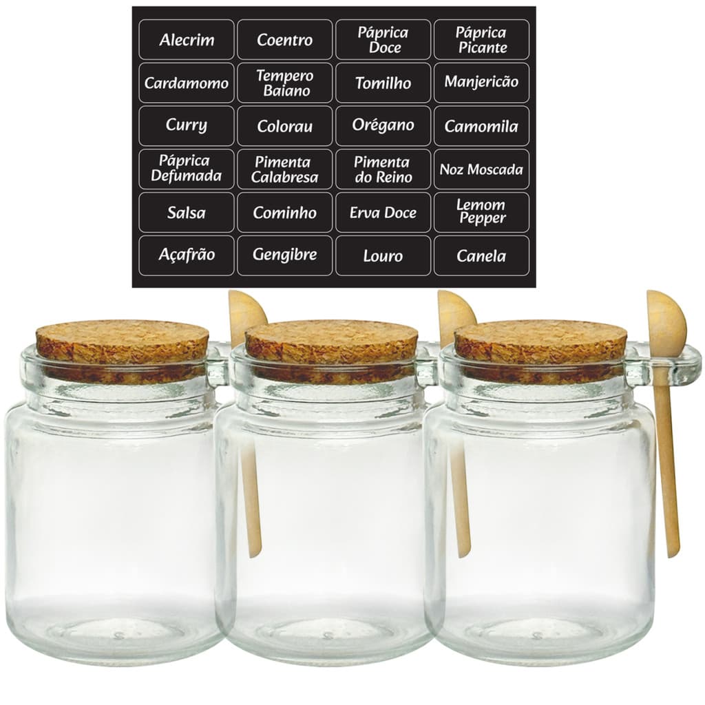 Kit 5 Potes para Temperos Condimentos Vidro 250ML Colher de Bambu Cartela de 24