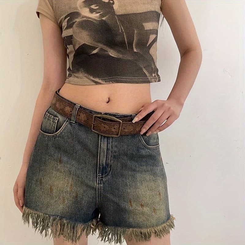 Cintos com Estampa de Flor Marrom, Fivela Clássica, Cintura de PU para Calças Jeans