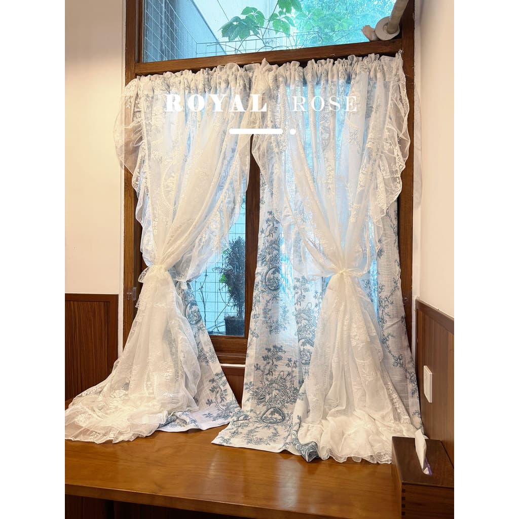 Francês Rococo Retro renda estilo princesa azul dupla gaze cortina quarto Bay janela cortina bloco partição porta cortin