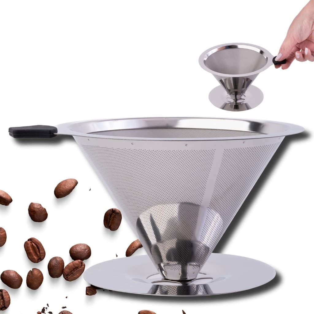 Filtro De Café Coador Aço Inox 104 Extra Grande Reutilizável C/ Suporte - Passador Individual Portátil Lavável