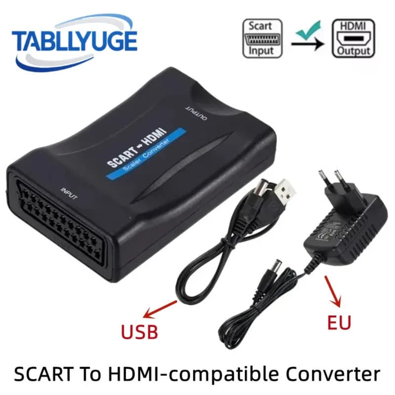 Adaptador conversor de áudio e vídeo compatível com 1080p, SCART para HDMI, com cabo de alimentação USB/EU para TV, DVD,