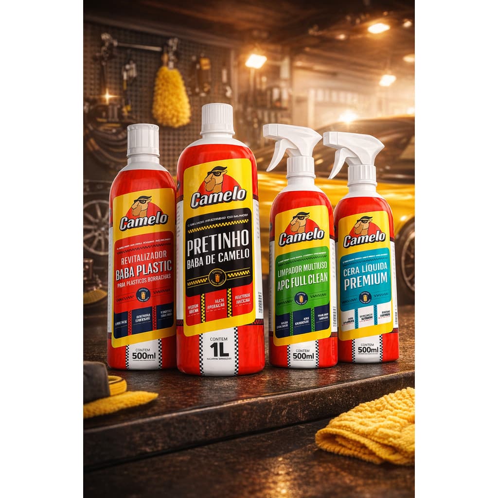 KIT Pretinho Pneu Baba de Camelo + Revitalizador Plástico + Cera Liquída + Limpador APC