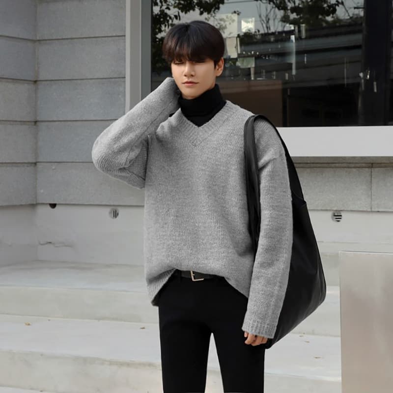 MRCYC Mohair Suéter Masculino Com Decote Em V Estilo Coreano Na Moda Solta Cor Sólida Suéter De Fundo Inverno Engrossado