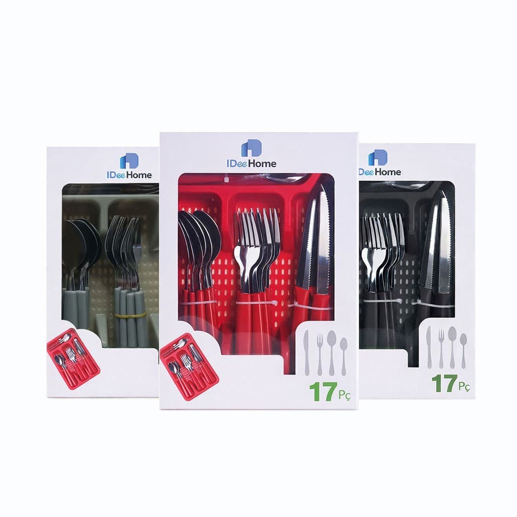 Kit 17 Jogo Talheres Conjunto com Bandeja Porta Talheres Colorido