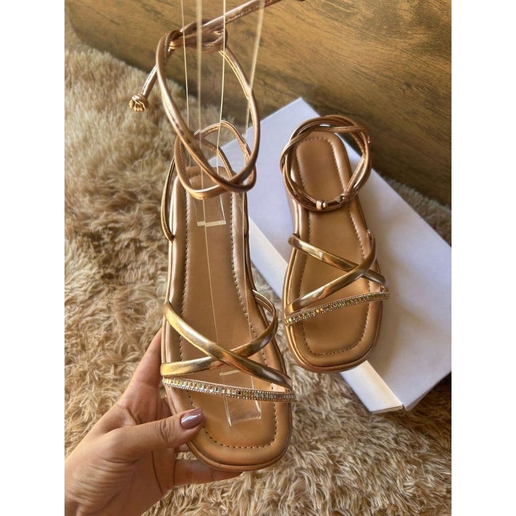 Sandália Feminina Gladiadora de Amarrar Strass Papete Flatform plataforma amarraçao Brilho tendência