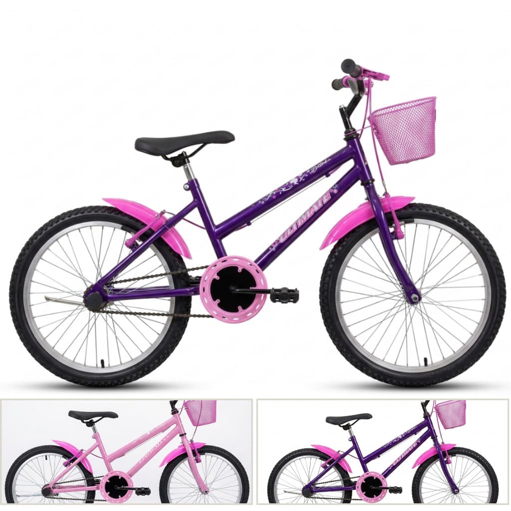 Bicicleta Infantil Aro 20 Feminina com Cestinha e Paralamas Rosa Violeta Ultimate