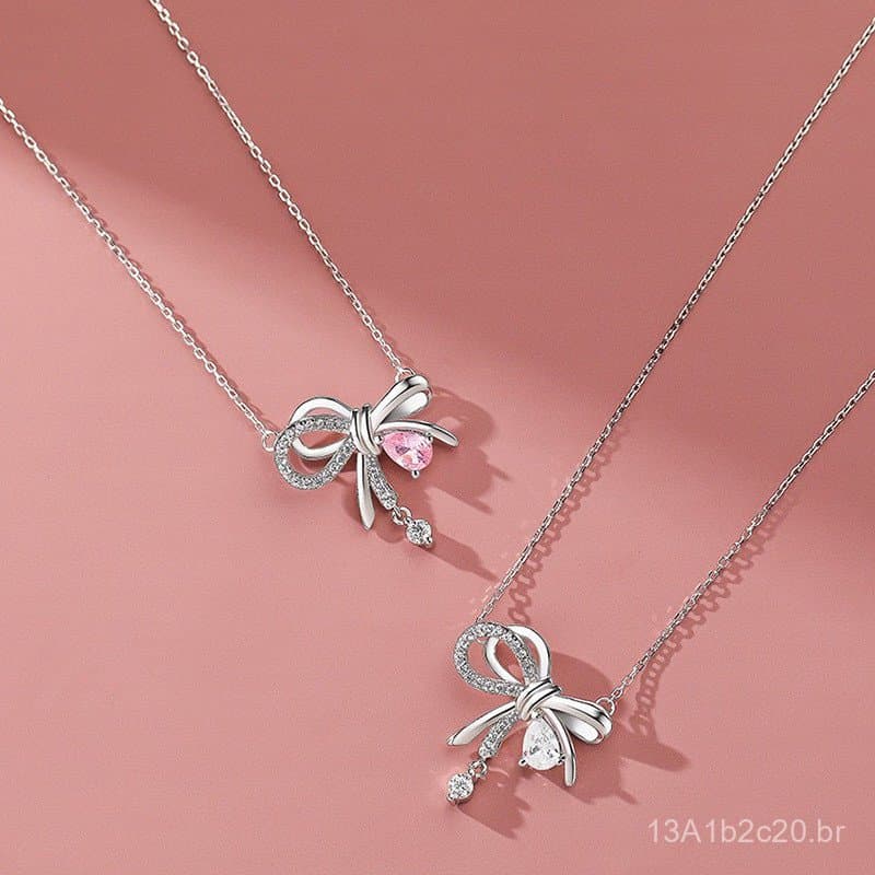 Colar feminino de luxo leve em prata pura coreana e japonesa, com laço e borboleta, versátil e elegante, para mulheres,