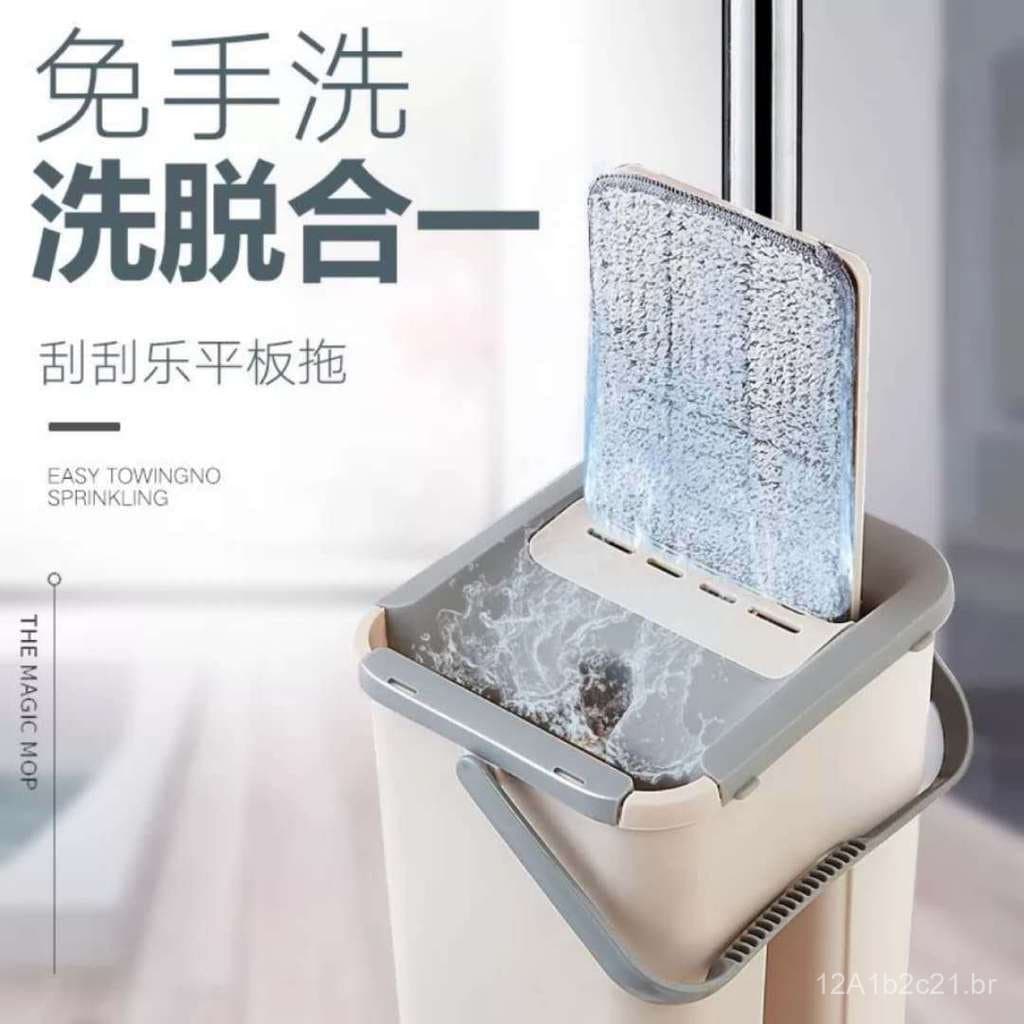 Mop plano com balde, separa a água suja, limpeza sem uso das mãos, mop largo para uso tanto em superfícies molhadas quan
