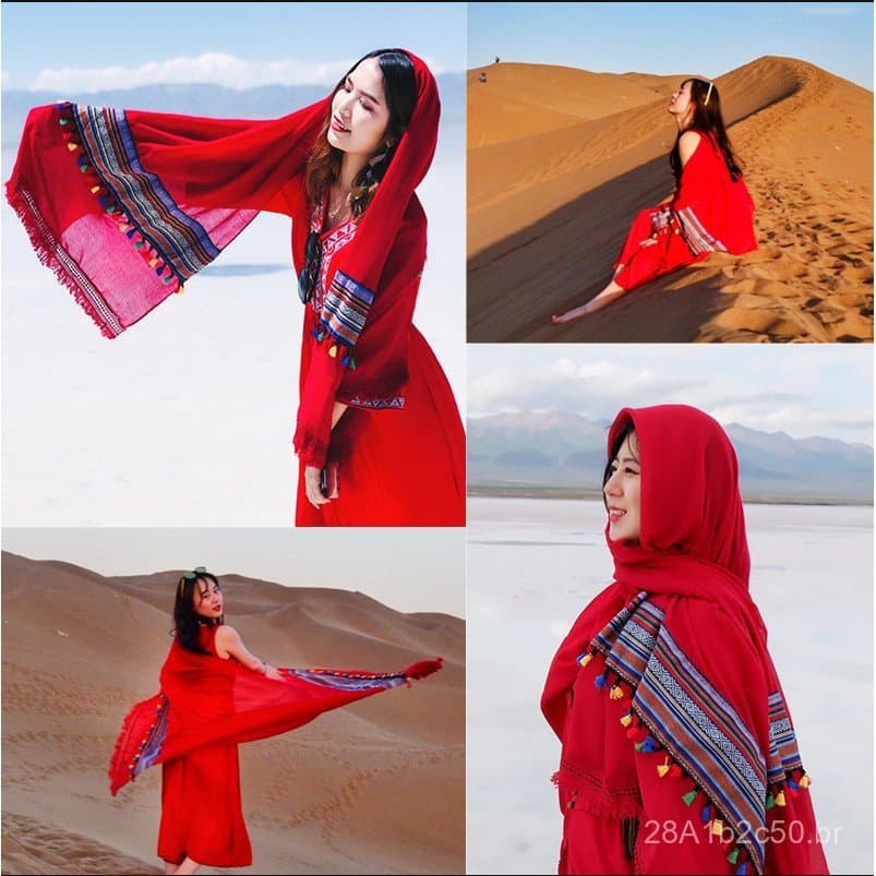 Cachecol de algodão e linho para viagens de outono e inverno, proteção solar, estilo étnico, Qinghai, Tibete, Lago Salga